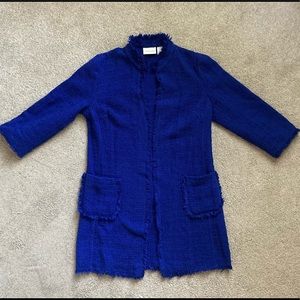 Royal blue raw-edge boucle style 3/4 sleeve jacket